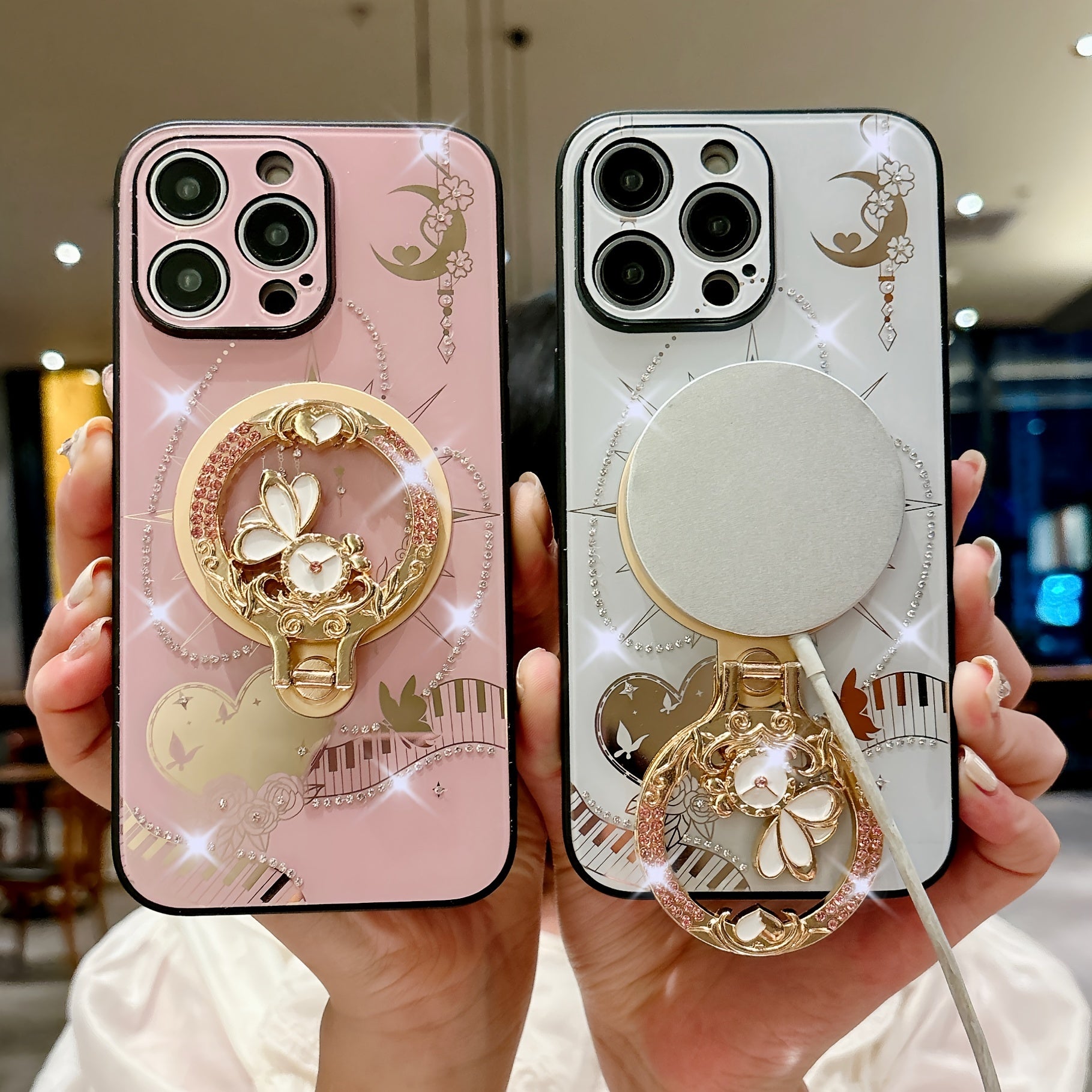 Magntic Luxury Bling Crystal Artificial Diamond Camera Suction Phone Case With Holder For iPhone 16 Promax/ 15 Pro max/14 Pro max/13 Promax Shockproof Protective Bumper Cover